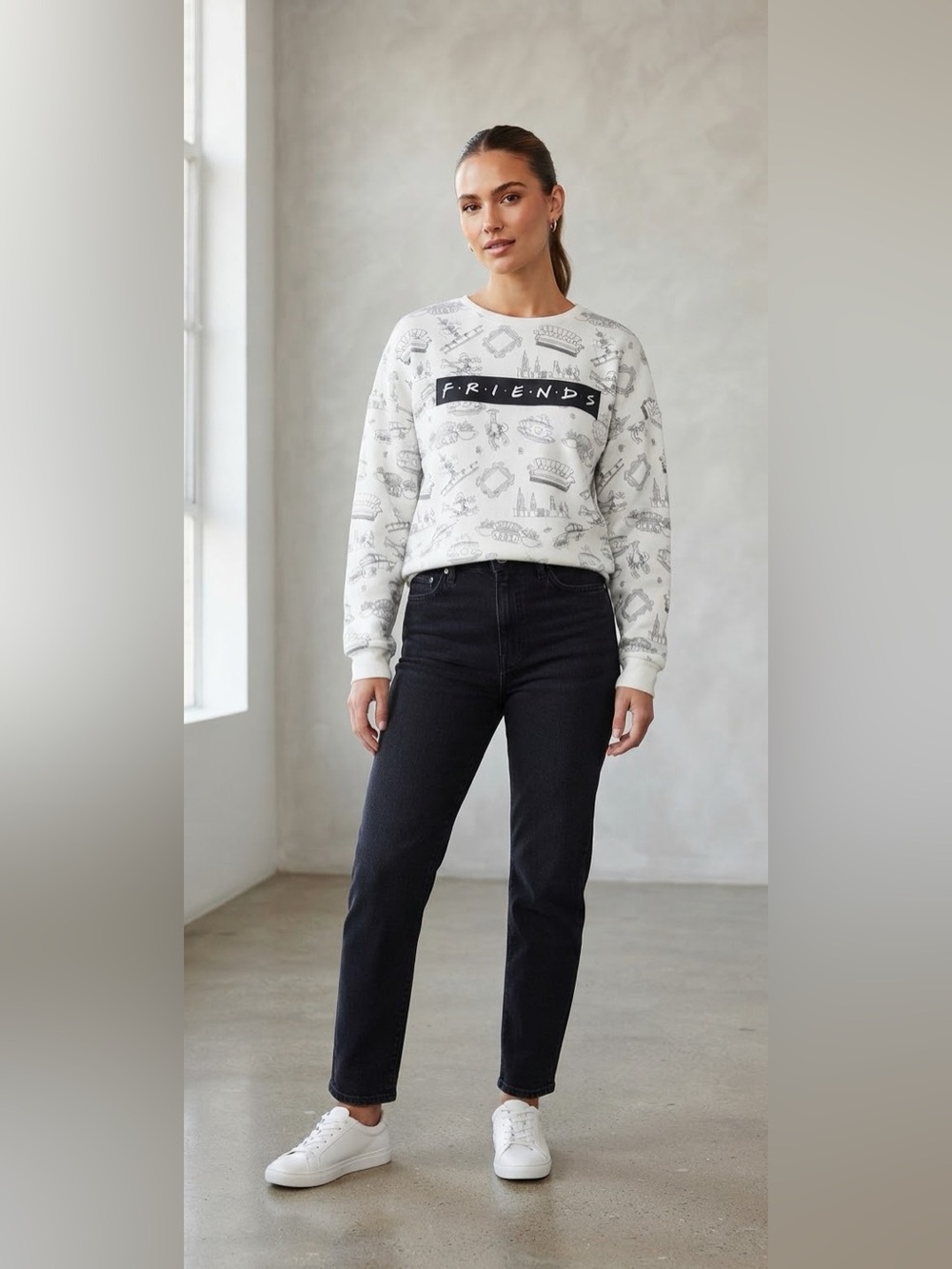Friends TV show White Crewneck Sweatshirt with Black Sketch Print